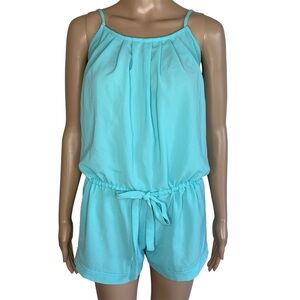 Abbeline Solid Bright Blue Round Neck Strappy Sleeve Lightweight Casual Romper